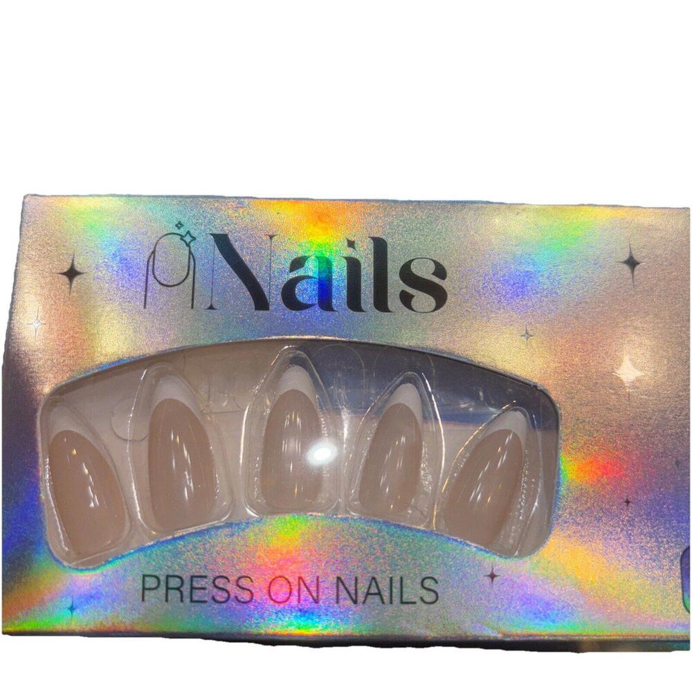 Press on Nails Medium Almond Shape Fake Nails Light Flesh Tone White Tip